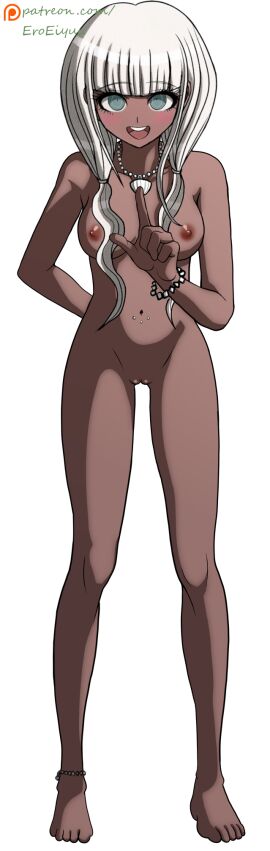 anklet artist_name bare_arms bare_hips bare_legs bare_shoulders barefoot blue_eyes blush breasts collarbone danganronpa danganronpa_(series) danganronpa_v3 danganronpa_v3:_killing_harmony dark-skinned_female dark_skin eroeiyuu eyebrows eyebrows_hidden_by_hair eyelashes feet female female_focus full_body gesture hand_up highres jewelry long_hair looking_at_viewer medium_breasts navel navel_piercing necklace nipples nude_filter official_art open_mouth patreon_username piercing pointing pointing_at_viewer pussy shell shell_necklace signature solo solo_focus standing teeth third-party_edit toes tongue transparent_background twintails upper_teeth white_hair wristband yonaga_angie