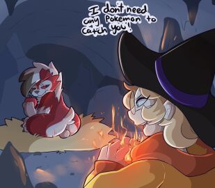 absurd_res annoyed anthro apple balls blonde_hair cave clothing confident dialogue digital_media_(artwork) english_text eyewear female femboy fire food fruit fur gay gay_male generation_7_pokemon genitals glasses hair hat headgear headwear hi_res homosexual homosexual_male human kelly_(serperiorforce) lycanroc magic_user male male/female male_penetrated mammal midnight_lycanroc nintendo plant pokemon pokemon_(species) red_body red_fur scar smile solo_male spicykiwi taren_(spicykiwi) text white_body witch_hat