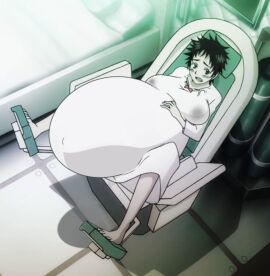 1girls barefoot bed disproportional female female_only full_body gynecological_chair hyper_belly hyper_pregnancy indoors original original_character pregnant pregnant_female short_hair sitting solo spread_legs stack_bond tagme torpedo_belly