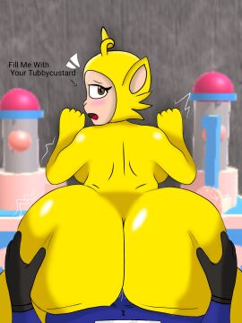 1boy 1girls 2d ass ass_grab blue_body blue_fur female first_person_view from_behind gloves laa-laa laa-laa_(slendytubbies) light_skin male male/female yellow_fur