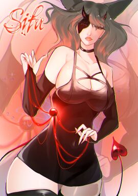 alice_luft bell black_panties cat_suit chibi choker choker_bell clothing cute cute_demon demon demon_fox demon_girl demon_horns demon_tail feline female fox_ears fox_girl grey grey-haired_female grey_fox grey_hair horny horny_female kumiho lingerie lingerie_cat_suit lingerie_only little lustful neko neko_girl sifu small smoll thighs waist