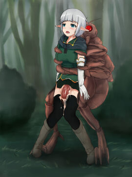 1girls arm_grab black_legwear black_thighhighs boots brown_boots clothed_sex clothing cum cum_in_pussy cum_inside elbow_gloves elf empty_eyes female from_behind gloves green_skirt insectophilia insects interspecies knees_together_feet_apart legs_together male monster original outdoors outside ovipositor penetration penis pointy_ears pussy shirt short_hair skirt skirt_lift standing thighhighs vaginal_penetration white_hair worried yakuto007