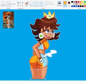 1girls ass daisy's_hot_stuff_(trend) female female_only jpeg mario_(series) mario_strikers mario_strikers_princess_daisy_side_view_redraw_(meme) meme ms_paint orange_shorts pixel_art princess_daisy reference_image screenshot_redraw spanish_text super_mario_bros. text