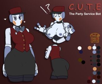 2024 2d 2d_(artwork) 2d_artwork areola areolae artist_logo artist_name ass beanontoast bowtie breasts breasts_out c.u.t.e character_sheet clothes_rip female five_nights_at_freddy's five_nights_at_freddy's:_security_breach grey_skin hat nice_ass nipples original_character red_cheeks robot_girl solo staff_bot_(security_breach) thick_ass thick_thighs uniform vest_lift vest_removed