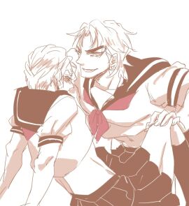 ambiguous_penetration blush clothed clothing crossdressing diamond_is_unbreakable dio_brando diokira dominant_male domination gay japanese_clothing jojo's_bizarre_adventure kira_yoshikage kiradio legs_apart male male_focus male_only medium_hair muscular muscular_male open_legs short_hair stardust_crusaders submissive submissive_male thick_eyebrows yaoi yoshikage_kira