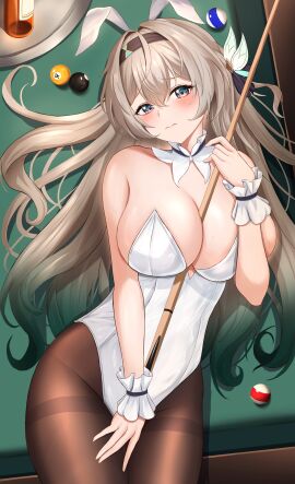 1girls animal_ear_hairband animal_ears background ball bare_shoulders between_breasts big_breasts billiard_ball billiard_table blush bottle breasts bunny_ears bunny_girl bunnysuit collarbone cue_stick detached_collar empty_bottle eyebrows eyebrows_visible_through_hair fake_rabbit_ears fake_tail female female_only firefly_(honkai:_star_rail) flustered green_hair grey_hair hair_ornament headband holding_cue_stick honkai:_star_rail leotard light-skinned_female light_skin long_hair looking_at_viewer lying_on_back lying_on_table multicolored_hair pale-skinned_female pantyhose pool_table rabbit_ears serving_tray shouhaku0512 shy solo solo_focus stick_between_breasts strapless_leotard table thighs white_bunny_ears white_bunnygirl_costume white_bunnysuit white_leotard wrist_cuffs