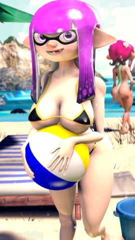 3d a_normal_inkling beach beachball black_bikini female inkling inkling_girl looking_at_viewer octoling octoling_girl pink_hair purple_eyes purple_hair self_upload sfm source_filmmaker splatoon splatoon_(series)