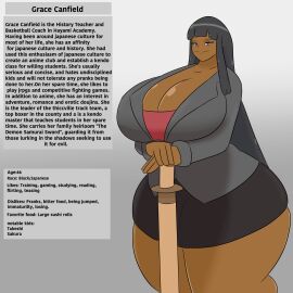1girls ass bamboo_sword big_ass black_dress black_hair blasian breasts character_bio character_profile character_sheet cleavage clothed_female colored cougar cougar_milf dark-skinned_female dark_skin female female_only giant_ass giant_breasts grace_canfield grey_jacket igphhangout long_hair looking_at_viewer mature_female milf ms._canfield pink_bra smile solo_female teacher thick_thighs wide_hips