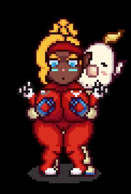 1boy 1girls alien alien_humanoid animated bandana big_breasts big_nipples big_nose big_thighs blonde_hair blue_eyes blush bodysuit breasts closed_eyes dark-skinned_female dark_skin erma_shepherd facepaint female groping_from_behind hocotatian knock-kneed light-skinned_male light_skin louie male mrdraven nipple_play nipples_visible_through_clothing pikmin pixel_animation pixel_art round_nose