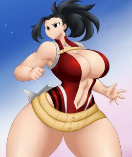 black_eyes black_hair boku_no_hero_academia breasts breasts_bigger_than_head female huge_breasts kailyn kreativekailyn midriff momo_yaoyorozu muscular muscular_female my_hero_academia simple_background thick_thighs wide_hips yaoyorozu_momo