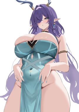 1girls armlet blush breasts covered_navel curvy dress female female_only genshin_impact hair_over_one_eye highres horns huge_breasts jewelry large_breasts lauma_(genshin_impact) long_hair machan nail_polish pelvic_curtain pointy_ears purple_hair simple_background solo solo_female thick thick_thighs thighs voluptuous white_background