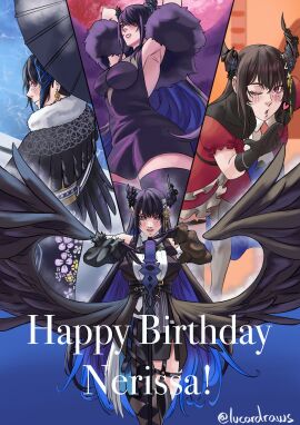 armpits black_hair blue_highlights broken_horn earring gloves hair_ornament hololive hololive_advent hololive_english horns kimono long_hair looking_back lucardraws moon moonlight nerissa_ravencroft red_eyes sleeveless wings winking_at_viewer