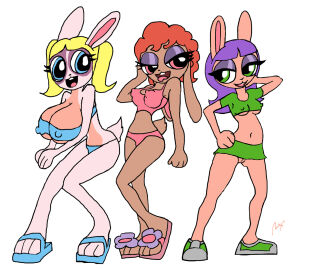 2017 anthro big_breasts bottomwear bra breasts bunnies cartoon_network cinnamon_(flufdustbunny) clothing crop_top female flufdustbunny footwear genitals group lagomorph leporid mammal miniskirt navel nipple_outline panties powerpuff_girls pussy rabbit red_(flufdustbunny) sandals seductive shirt shoes skirt smile star_(flufdustbunny) tagme tail toon topwear trio underwear