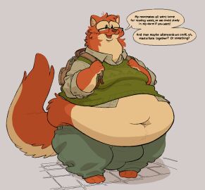 anthro backpack barefoot belly belly_overhang belly_peeking_out big_belly big_bulge biped bottomwear bulge clothed clothing cute_fangs deep_navel detailed_bulge dialogue english_text erection erection_under_clothing eyewear fangs feet fur furry genital_outline glasses grey_background love_handles male mammal masturbation_request moobs muffin_top multicolored_body multicolored_fur mustelid musteline navel nerd obese obese_anthro obese_male open_mouth orange_body orange_fur overweight overweight_anthro overweight_male pants penis penis_outline raymodule rectangular_glasses simple_background solo speech_bubble standing sweater talking_to_another tan_body tan_fur teeth text topwear true_musteline two-tone_body two-tone_fur wearing_glasses weasel