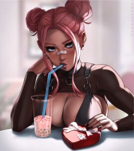 1girls bandage bandage_on_nose beverage big_breasts black_nail_polish black_nails blue_eyes boba_tea box_of_chocolates bra breasts breasts_on_table bubble_(dandon_fuga) choked cleavage clothed clothing dandon_fuga dark-skinned_female dark_skin double_bun drink drinking drinking_tea female female_focus female_only fingernails hair_bun hair_buns heart heart_shape_box large_breasts looking_at_viewer nail_polish nails original original_character petite pink_hair purple_eyes seductive_eyes seductive_look see-through see-through_clothing see-through_shirt short_hair solo solo_female solo_focus table tea valentine's_day