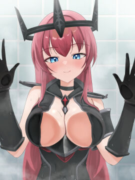 1girls against_glass artist_request belly_button blue_eyes blush breast_squish breasts breasts_against_glass color crown digital_media_(artwork) female galaxy_gals gloves headmistress_jeanne inner_sideboob large_breasts leotard light_skin long_hair mature_female nyanko_daisensou on_glass red_hair shower smile squish steam teacher the_battle_cats tight_clothing wet