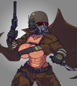 1girls abs black_g-string breast_strap breasts brown_pants chest_strap clothed coat coat_only combat_knife cross_scar dual_wielding fallout fallout_new_vegas female g-string grey_background gun helmet holding_gun holding_knife holding_revolver holding_weapon knife light-skinned_female light_skin muscular muscular_female ncr_ranger_(fallout) no_shirt overcoat revolver scars shirtless simple_background solo solo_female waa153 weapon