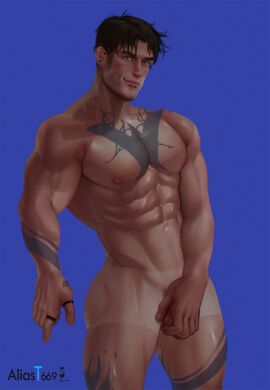 aliast669 balls batman_(series) covering_crotch dc dc_comics dick_grayson erect_nipples hand_over_crotch naked_male nightwing piercings rings six_pack smile solo_male tattoos