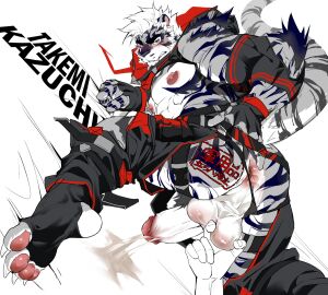 abs all_fours anal anthro anus ass backsack balls balls_fondling ballsack bodily_fluids bottomwear bottomwear_down clenched_teeth clothed clothing clothing_aside crotchless_bottomwear crotchless_clothing crotchless_pants cuff_(restraint) cum cum_string detailed_anus embarrassed erection felid fingerless_gloves fondling footwear foreskin genital_fluids genitals gloves hair hand_on_ass hand_on_butt handwear hi_res humanoid_genitalia humanoid_penis japanese_text jockstrap jockstrap_aside linqze looking_back male mammal muscular muscular_male nipple_piercing nipples pantherine pants pants_down partially_clothed pawpads pecs penis piercing raised_clothing raised_tail raised_topwear rear_view restraints retracted_foreskin simple_background socks solo spread_ass spread_butt spreading stirrup_socks striped_body stripes tail teeth text three-quarter_view tiger topwear torn_clothing translated uncircumcised underwear underwear_aside white_body white_hair yaoi