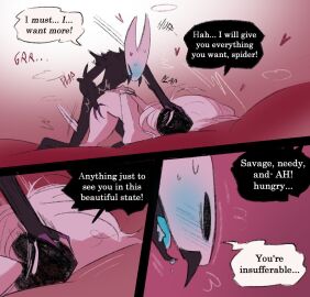 anthro arthropod arthropod_abdomen bent_over black_body blue_tongue blush bodily_fluids breath comic dialogue drooling duo female genitals grabbing_wrists gynomorph gynomorph/female hair hand_on_head hollow_knight hollow_knight:_silksong hollow_knight_(franchise) hornet_(hollow_knight) intersex intersex/female lace_(hollow_knight) lace_(hollow_knight:_silksong) lordsapathy mammal messy_hair nude nude_gynomorph panting rough_sex saliva sex shove speech_bubble sweat team_cherry tongue white_body