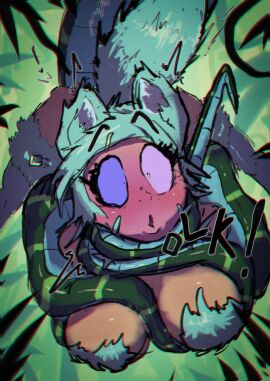 1girls 2024 :o aqua_hair asphyxiation breasts coiling djuuicebox eureka eureka_seven female female_only fox_ears fox_girl fox_tail fur_clothing furry hi_res hypnosis kaa_eyes purple_face snake solo tail wide_eyed xerxes_(rctdelta20) zoophilia