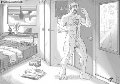 2016 5_fingers 5_toes abs action_figure balls beard bed bedroom blinds body_hair building cellphone chest_hair computer dariuswhitefur desk detailed detailed_background digital_drawing_(artwork) digital_media_(artwork) discarded_bottomwear discarded_shoe discarded_topwear door electronics eyebrow_through_hair eyebrows facial_hair feet fingers fist flexing fog full_moon furniture genitals hair hairy happy happy_trail human humanoid_genitalia humanoid_penis imminent_transformation inside laptop light loboleo long_hair looking_at_mirror looking_at_object male male_only mammal mirror monochrome moon moonlight muscular muscular_human night nipples nude open_mouth patreon patron pecs penis phone plant plant_pot plantigrade potted_plant shaded signature smartphone smile solo standing table tablet teeth the_dark_side_of_the_moon_(album) toes tongue transformation translucent translucent_hair wardrobe window