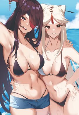 2girls adult arm_around_another's_waist armpits arms_around_waist bare_arms bare_legs bare_midriff bare_shoulders bare_thighs beidou_(genshin_impact) belly belly_button bikini black-haired_female black_bikini black_bikini_bottom black_bikini_top black_hair black_swimsuit black_swimwear blue_sky blush breasts cleavage clouds collarbone dot_nose eyepatch female female_focus female_only fingers genshin_impact groin hand_on_another's_shoulder hand_on_shoulder hand_on_waist haneramu high_resolution highres hourglass_figure jean_shorts large_breasts legs light-skinned_female light_skin liyue_girls long_hair looking_at_viewer medium_breasts multiple_females multiple_girls navel ningguang_(genshin_impact) ocean open_mouth pink-eyed_female pink_eyes red_eyepatch sea shorts shoulders sideboob sidelocks silver-haired_female silver_hair sky slender_body slender_waist slim_female slim_waist smile smiling smiling_at_viewer standing string_bikini swimsuit swimwear thick_thighs thighs thin_waist upper_body v-line water wet white-haired_female white_hair