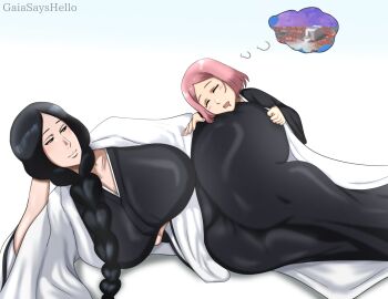 2girls artist_name artist_signature ass big_ass black_hair bleach blue_eyes braid braided_hair breasts cleavage clothed clothing curvaceous curvy dreaming dress drooling female female_only gaiasayshello grabbing kusajishi_yachiru large_breasts light-skinned_female light_skin looking_at_another lying lying_on_side mature_female multiple_females multiple_girls older_female pink_hair self_upload sleeping smile spongebob_reference tagme thick_thighs thighs unohana_retsu wide_hips