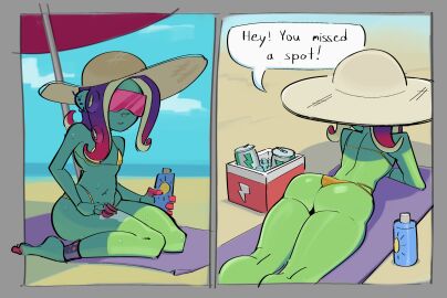 acht_(splatoon) animal_humanoid anklet ass beach big_ass big_butt cephalopod cephalopod_humanoid clothing dedf1sh dialogue dipstick_fingers dipstick_hair ear_piercing eyewear female flat_chested green_body green_skin hair hat headgear headwear hi_res holding_object holding_sunscreen humanoid jewelry kneeling looking_at_viewer lying marine marine_humanoid mollusk mollusk_humanoid nintendo octarian octoling octopus_humanoid on_front piercing pseudo_hair purple_hair random-crit rear_view red_hair sanitized_octarian sanitized_octoling sea snick_(pizza_tower) solo speech_bubble splatoon sun_hat sunglasses sunscreen swimwear tentacle tentacle_hair text thick_thighs tinted_eyewear water wide_hips yellow_clothing yellow_swimwear