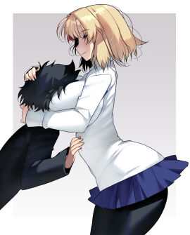 1boy absurdres arcueid_brunestud black_hair black_pantyhose blonde_hair blue_skirt blush breast_smother breasts commentary_request commission curvy face_to_breasts female from_behind grabbing_another's_head highres huge_breasts kouno_(masao) large_breasts male melty_blood pantyhose plump red_eyes school_uniform short_hair skeb_commission skirt smile souya_high_school_uniform sweater thighhighs tohno_shiki tsukihime tsukihime_(remake) turtleneck turtleneck_sweater white_sweater