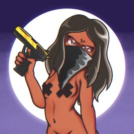1girls agente_shuffle agente_shuffle_(character) angry angry_face arm_up background bandana bandana_on_face belly black_bandana black_hair breast_sticker breasts brown-skinned_female brown_eyes brown_hair brown_skin covered_nipples dark-skinned_female dark_skin face_covered female golden_gun gun hair holding_gun holding_object holding_weapon human human_only long_hair mexican mexican_female naked naked_female nude nude_female nudity original original_character pasties pasties_only pistol pistol_in_hand purple_background simple_background slightly_red_eyes small_breasts solo trans_woman transfem weapong