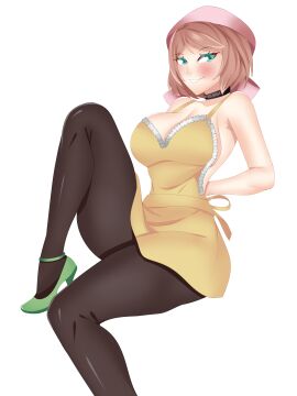 1girls apron arms_behind_back ayasunrise_(vtuber) beret black_pantyhose blue_eyes blush blush_lines breasts choker cleavage dozysketch female female_focus female_only indie_virtual_youtuber indie_vtuber large_thighs looking_at_viewer malaysia_vtuber malaysian medium_breasts naked_apron one_leg_raised pantyhose peach_hair pink_beret short_hair sideboob sitting slim_waist smiling smiling_at_viewer thighs virtual_youtuber vtuber yellow_apron