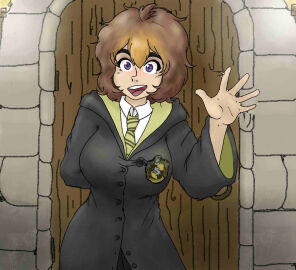 1girls 2d alternate_breast_size alternate_clothing alternate_color alternative_universe arm_behind_back arm_up au background black_clothing breasts brown_hair bushy_hair buttons clothed clothed_female clothing collared_shirt color door eyes female female_only front_view fully_clothed gesture gesturing_at_viewer harry_potter harry_potter:_hogwarts_mystery hogwarts_robe hogwarts_student hufflepuff hufflepuff_symbol human human_female human_only light-skinned_female light_skin long_sleeves medium_hair merula_snyde motion_lines necktie neckwear open_eyes open_mouth purple_eyes robe safe_for_work school_uniform schoolgirl sfw shirt sleeves slytherin slytherin_tie solo standing student tie uniform unknown_artist waving waving_at_viewer wide_sleeves witch_(harry_potter)