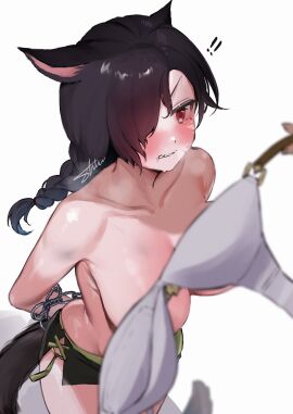 bound_wrists bra breasts chains convenient_censoring female final_fantasy_xiv miqo'te red_eyes shhilee tail tears thighs topless