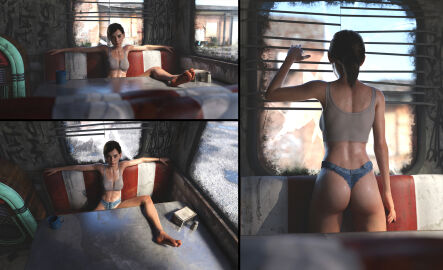 1girls 3d 3koma abs ass athletic athletic_female barefoot breasts brown_hair bubble_ass bubble_butt crop_top dboxx diner ellie_(the_last_of_us) ellie_williams feet female female_focus female_only hourglass_figure jean_shorts jukebox legs medium_breasts midriff multiple_views naughty_dog rear_view shirt shorts skimpy skimpy_clothes skinny soles table tagme teenager the_last_of_us the_last_of_us_2 thighs toes toned toned_female wide_hips window