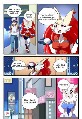 braixen bray_(lucyfercomic) cincci_(lucyfercomic) cinccino comic female hotel lopunny lucyfercomic pokemon pokemon_(species) pokemon_trainer speech_bubble walking