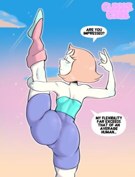 1girls 2d ass ass_focus big_ass big_butt blue_eyes blush cuddlecore female female_only flats flexible full_color fully_clothed gem_(species) leg_up looking_at_viewer looking_back no_penetration pearl_(steven_universe) shoes solo solo_female solo_focus steven_universe stretching text text_bubble thick_thighs thighs white_body white_skin wide_hips