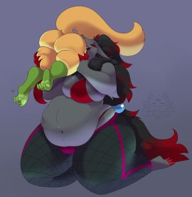 absurd_res ambiguous_gender ambiguous_prey anthro anthro_pred anthro_prey ass belly belly_overhang big_ass big_belly big_breasts big_butt bloated body_in_mouth breasts claws clothing curvy_figure digital_media_(artwork) female female_pred generation_5_pokemon head_first hi_res holding_character huge_breasts kneeling leggings legwear navel nintendo oral_vore pokemon pokemon_(species) same_size_vore swallowing thatfat_cat thick_thighs vore wide_hips zoroark