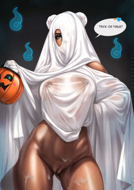 1girls after_sex barely_clothed breasts bubble_(dandon_fuga) caption cock_hungry cum cum_on_body cum_on_thighs dandon_fuga dark-skinned_female dark_skin exposed_pussy female ghost_costume halloween_costume implied_sex jack-o'-lantern looking_at_viewer male nipples nipples_visible_through_clothing original original_character penis pussy pussy_juice pussy_juice_drip seductive see-through see-through_clothing thick_thighs trick_or_treat under_covers voluptuous