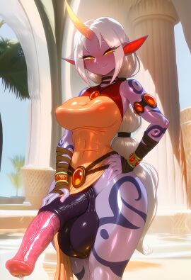 1futa ai_generated balls big_balls big_breasts big_penis blush braid braided_hair breasts cock dress equine_penis futanari hand_on_hip hand_on_penis horn horse_penis horsecock huge_balls huge_cock huge_thighs intersex league_of_legends legs_together looking_at_viewer medial_ring midriff narrow_waist nipple_bulge penis precum precum_drip purple_body seductive_eyes seductive_look self_upload small_waist smile smug soapy_max soraka standing thick_thighs thighhighs thighs veiny_penis white_hair wide_hips wide_thighs yellow_eyes