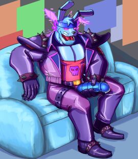 animatronic anthro artist_request beard beard_stubble biceps blue_body bunny bunny_boy five_nights_at_freddy's five_nights_at_freddy's:_security_breach glamrock_bonnie_(fnaf) glitchtrap glitchtrap_possession handjob head_band jerkingoff lagomorph lagomorph_humanoid leather leather_boots leather_clothing leather_gloves leather_jacket looking_at_viewer looking_pleasured machine male male_focus male_only mind_control non_human penis possessed possession precum precum_drip precum_on_penis presenting presenting_penis red_eyes robot robot_humanoid robot_penis scottgames sitting solo solo_male spiked_bracelet steel_wool_studios two-tone_body william_afton