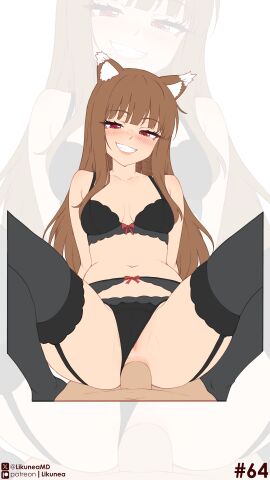 1boy 1boy1girl 1girls absurdres anal anal_penetration animal_ear_fluff animal_ears anus arms_behind_back black_bra black_garter_belt black_panties black_thighhighs blush blushing blushing_female bra breasts brown-haired_female brown_hair cameltoe eyebrows_hidden_by_hair eyes_visible_through_hair facing_viewer female garter_belt highres hime_cut holo kemonomimi knees_up lace_bra lace_panties likunea lingerie lipstick long-haired_female long_hair looking_at_viewer makeup male male_out_of_frame medium_breasts navel panties panties_aside penis penis_in_ass pink_lips pussy pussy_peek red-eyed_female red_eyes smile solo spice_and_wolf tail thighhighs thighs underwear unfinished vaginal_penetration very_long_hair white_background wolf_ears wolf_girl zoom_layer