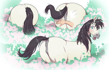 2024 animal_genitalia animal_pussy anus ass ass_focus butt_focus butt_slap conditional_dnp disembodied_hand duo equid equine equine_anus equine_genitalia equine_pussy female feral flower fur furry genitals hi_res horse human jotun22 looking_back mammal maria_(jotun22) nature nature_background plant puffy_anus pussy quadruped rear_view shocked slap solo_focus white_body white_fur