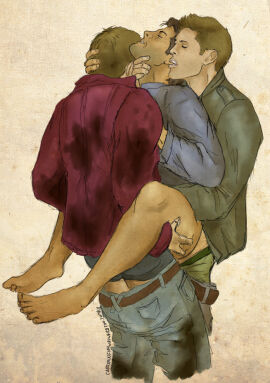 3boys anal anal_sex angel artist_name ass ass_grab bara beard_stubble biting_ear black_hair bottomless_male brown_hair carrionofmywaywardson castiel castiel_(supernatural) clone closed_eyes clothed_male clothing dark_hair dean_winchester double_anal double_penetration facial_hair feet gay gay_anal gay_sex gay_threesome hand_on_throat head_grab holding_partner human jensen_ackles lifting_partner light-skinned_male light_skin male male/male male_only male_penetrated male_penetrating male_penetrating_male misha_collins no_visible_genitalia pants_down penetration penile_penetration penis penis_in_ass penises_touching_via_penetration sam_winchester sex shirt standing standing_position stubble submissive_male supernatural_(series) threesome trio tumbler_user_name tumblr_username two_doms_one_sub underwear yaoi