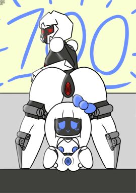 2girls android artist_name big_breasts breasts brokenrekordbro female female_only front_view humanoid iota_(brokenrekordbro) looking_at_viewer mob_face multiple_females multiple_girls original original_character presenting_pussy pussy rho_(brokenrekordbro) robot robot_girl screen_face shortstack smile spread_legs spread_pussy tagme text thick_thighs