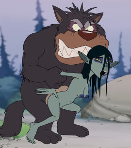 anthro anthro_penetrating astrohamus black_hair breasts canid canine canis clenched_teeth duo european_mythology evil_grin extreme_penetration fairy_tales female female_penetrated forest from_behind_position hair how_to_catch_a_firebird_feather interspecies kikimora looking_down male male/female male_penetrating male_penetrating_female mammal mythology navel nipples nude open_mouth penetration plant pulling_arms pussy red_nose rock russian_fairy_tales sex sharp_teeth size_difference slavic_mythology smile spruce stomach_bulge teeth third-party_edit tree vaginal_penetration what wolf