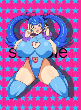1girls blue_angel blue_hair blush breasts card earrings edit female gorousanndesu heart huge_breasts latex legwear looking_at_viewer navel solo twintails voluptuous yu-gi-oh! yu-gi-oh!_vrains zaizen_aoi