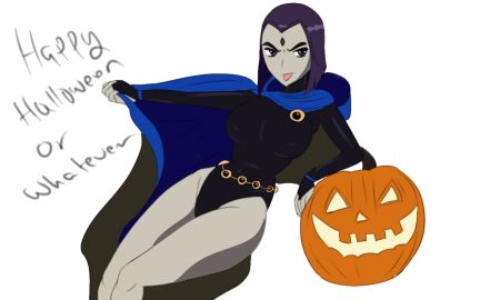 1girls ass big_ass dc dc_comics english_text female female_only forehead_jewel grey_skin halloween hips hoodie jack-o'-lantern leotard light-skinned_female light_skin mound_of_venus nipples_visible_through_clothing pale-skinned_female pale_skin purple_eyes purple_hair raven_(dc) sketchintheshade solo text thighs tongue tongue_out