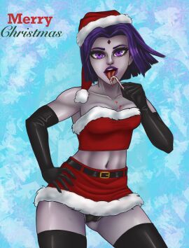 1girls cameltoe candy_cane christmas christmas_outfit dc dc_comics elbow_gloves female female_only gloves goth goth_girl gothic grey_skin hand_on_hip happy_holidays jannet01 licking makeup panties purple_eyes purple_hair pussy raven_(dc) santa_costume santa_hat self_upload solo teen_titans text thighhighs tounge_out