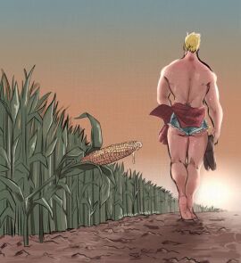 1boy ass bara barefoot blonde_hair check_copyright clothes_around_waist copyright_request corn corn_field country_girls_make_do denim denim_shorts facing_away from_behind full_body gradient_sky implied_after_masturbation male male_focus meme micro_shorts muscular muscular_male oricalcon original outdoors shirt shirt_around_waist short_hair shorts sky solo walking walking_away yaoi